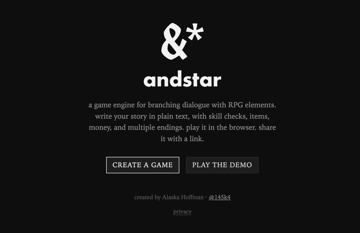 145k4's tweet photo. hi again ^^ new side project to share...

its called andstar (&amp;*), a little Twine-like engine that allows anyone to create (and play!) a Disco Elysium inspired game. play right in browser, or export to itch:io

can't wait to see what y'all do with it!!
https://t.co/78D8kheztB https://t.co/J30MovMxQ3