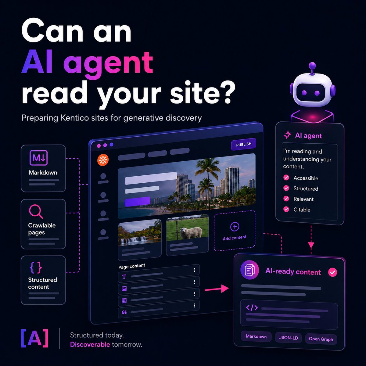 SimpleATeam's tweet photo. Our updated XperienceCommunity.SEO package helps Xperience by Kentico sites support Markdown Content Negotiation and prepare for generative discovery.

Read more: https://t.co/3FU6oz16CO

#Kentico #AIAgents #GEO https://t.co/inkNurvUXD
