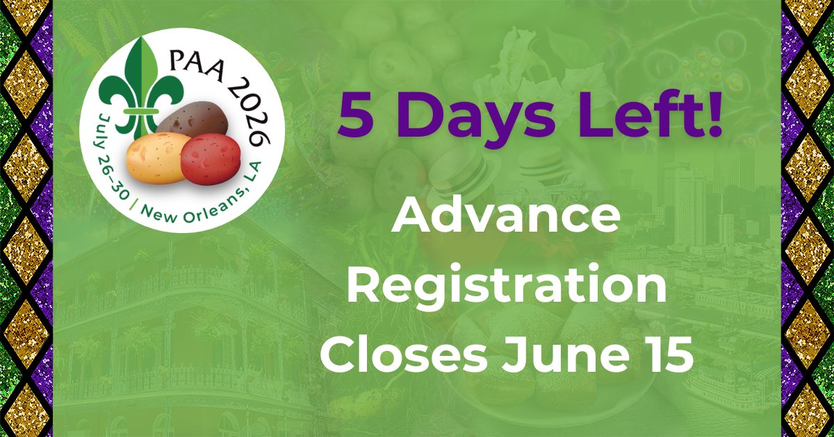 potato_america's tweet photo. There's only 5 days left to secure your best rate for the best potato science meeting of the year! Don't fall behind on a year's worth of advancements. 

Register to join us this July 26–30 in New Orleans!

Register: https://t.co/neBy3U9kJE

#PAA2026 #PotatoScience #NewOrleans https://t.co/pl88K12d5Y