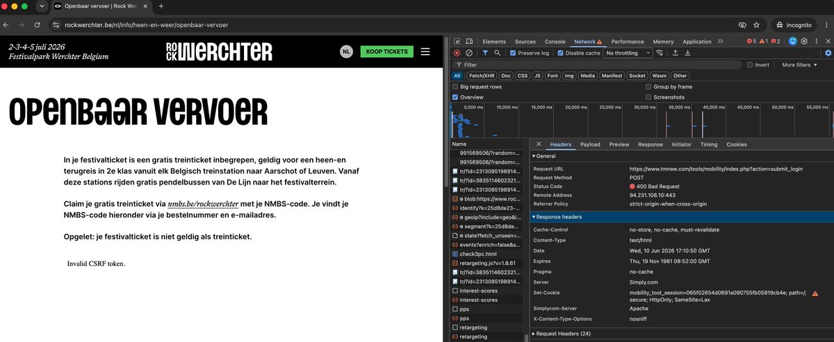 will90LFC's tweet photo. @RockWerchter 
De aanvraag voor de treinvoucher werkt niet.. Ik krijg steeds "invalid CSRF token".. Bad request op login endpoint van https://t.co/J6a2TgMaJx....

- chrome op macbook
- Chrome incognito op macbook
- Met GSM (Chrome) op 4G https://t.co/loiAKz8Ejm
