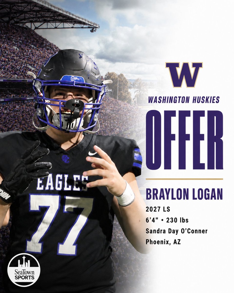 SeaTownKev's tweet photo. 2027 LS Braylon Logan (Sandra Day O'Conner - AZ) reports an offer from Washington. @Braylon_Logan 

6-4, 230 lbs. Ranked by @Longsnapper247 as the No. 3 LS in the 2027 class. 

@steverausch17
@TurnerBernard1
@KohlsSnapping
@Coach_Casper
@bkullos
@COACHSIM_OC
@oc_football https://t.co/uQMrcnFzd5