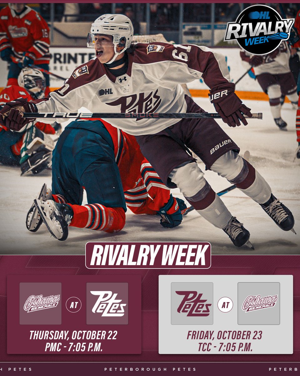 PetesOHLhockey's tweet photo. THE BIGGEST RIVALRY IN JUNIOR HOCKEY IS BACK 🫡

Rivalry week returns on October 22 and October 23 with a home and home against the @Oshawa_Generals 👊

#GoPetesGo https://t.co/KxnQJ9BoCt