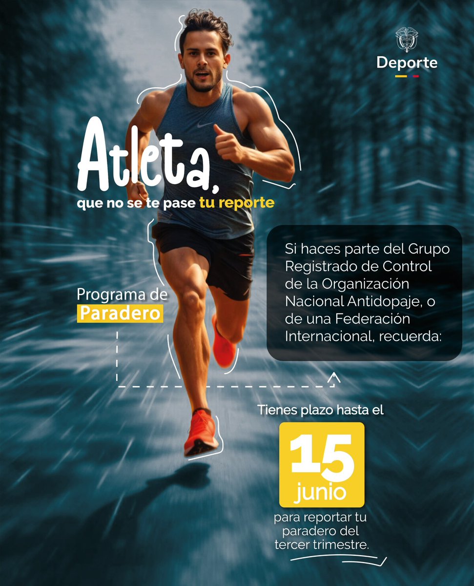 MinDeporteCol's tweet photo. Atleta, recuerda tu compromiso con el #JuegoLimpio.

Cumplir con tus responsabilidades es una forma de aportar a la transparencia y al fortalecimiento del deporte colombiano. https://t.co/iddPAEoql1