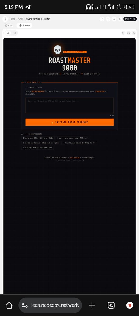 moses_tachio's tweet photo. Let's play I little.
I built Wallet Roaster/ Confession Roaster for my Web3 buddies that can roast you, using AI according to your transactions history and your crypto confessions π. You will laugh out loud when you try it
#CreateOS #BuilditNow
https://t.co/4bwsVH8vhD https://t.co/xxNkDarRwn