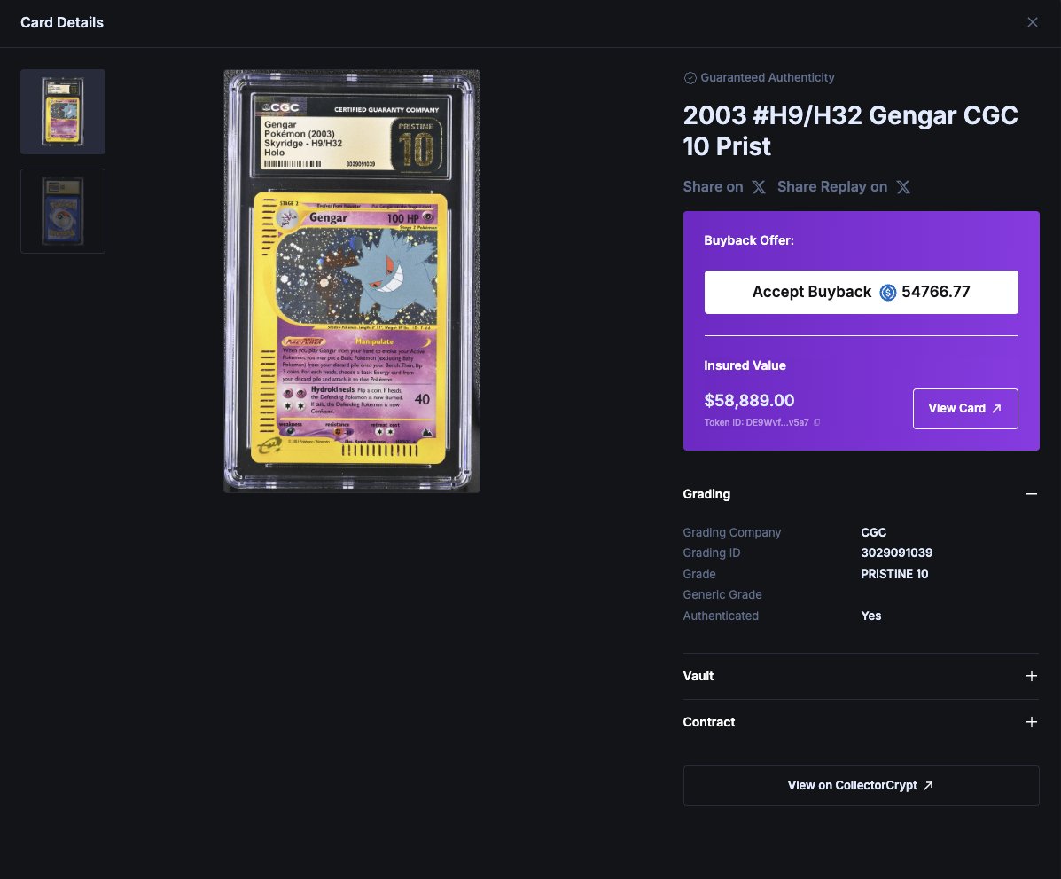 mouisaac's tweet photo. I think I just hit the craziest pull of my life in @Collector_Crypt. 👻

🏆 Biggest hit in the Mythic Pokémon Gacha Pack
🎴 2003 Skyridge Gengar CGC 10 Pristine
💰 Valued at $58,889

@0xFrisk how are we feeling about this one?

Took it straight into One Arena by @Rosentica and awakened it into a UR+. ⚔️🔥

From grail collectible to battle-ready monster.