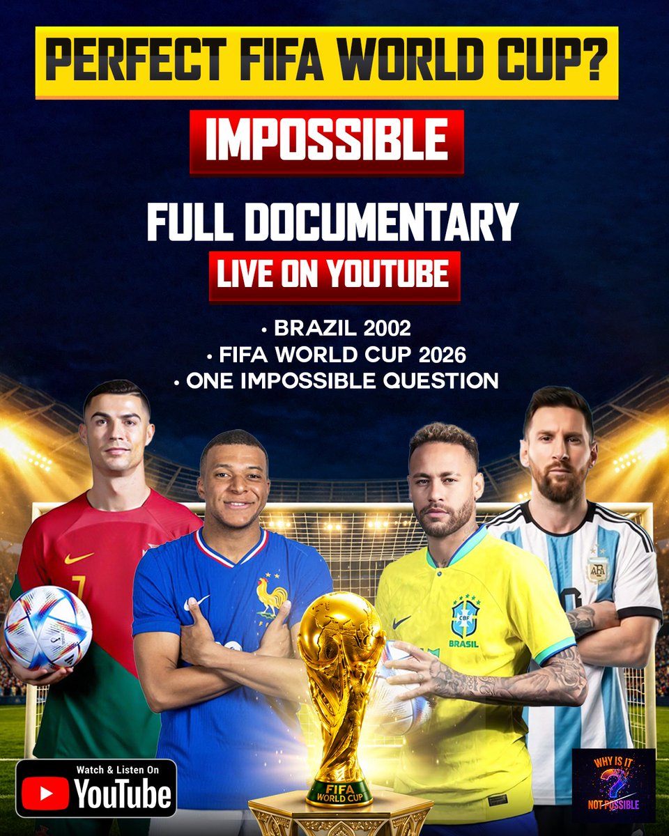 WhyNotPossible_'s tweet photo. Perfect FIFA World Cup? Impossible.
Brazil 2002 went 7/7.

But in 2026, a perfect run may need 8 straight wins.

Full documentary is live on YouTube: Why Is It Not Possible?

#FIFAWorldCup #WorldCup2026 #Football https://t.co/vdrzkVxbAS