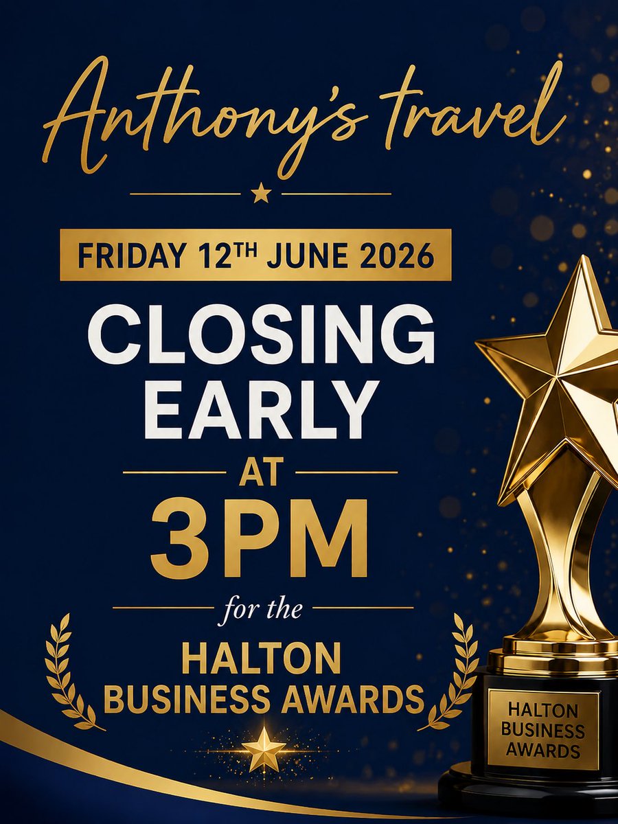 ANTHONYSTRAVEL's tweet photo. We’ll be closing at 3pm on Friday as we attend the Halton Business Awards. 🏆

Whilst it’s an honour to be finalists, we’re equally looking forward to celebrating the many fantastic businesses and individuals that make Halton such a great place to do business.

Good luck to all https://t.co/htJNuMH4Kg