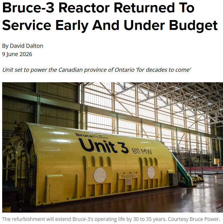 HopfJames's tweet photo. Refurbishing of the Bruce-3 reactor, in Ontario, has been completed seven months early and $107 million under budget.  The refurbishment will extend Bruce-3’s operating life by 30 to 35 years.  Article link in reply. https://t.co/TY4aE5aDwR