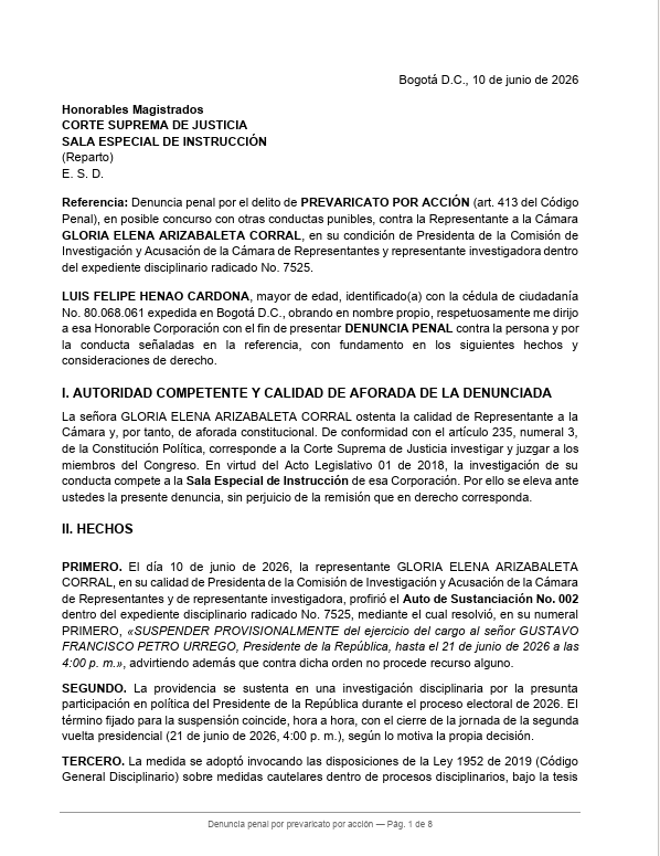 NoticiasRCN's tweet photo. #Noticia | Llega la primera denuncia ante la Corte Suprema contra la congresista Gloria Arizabaleta por prevaricato por acción. Es interpuesta por el abogado y exministro de Vivienda, Luis Felipe Henao. https://t.co/S4oGFOB48i