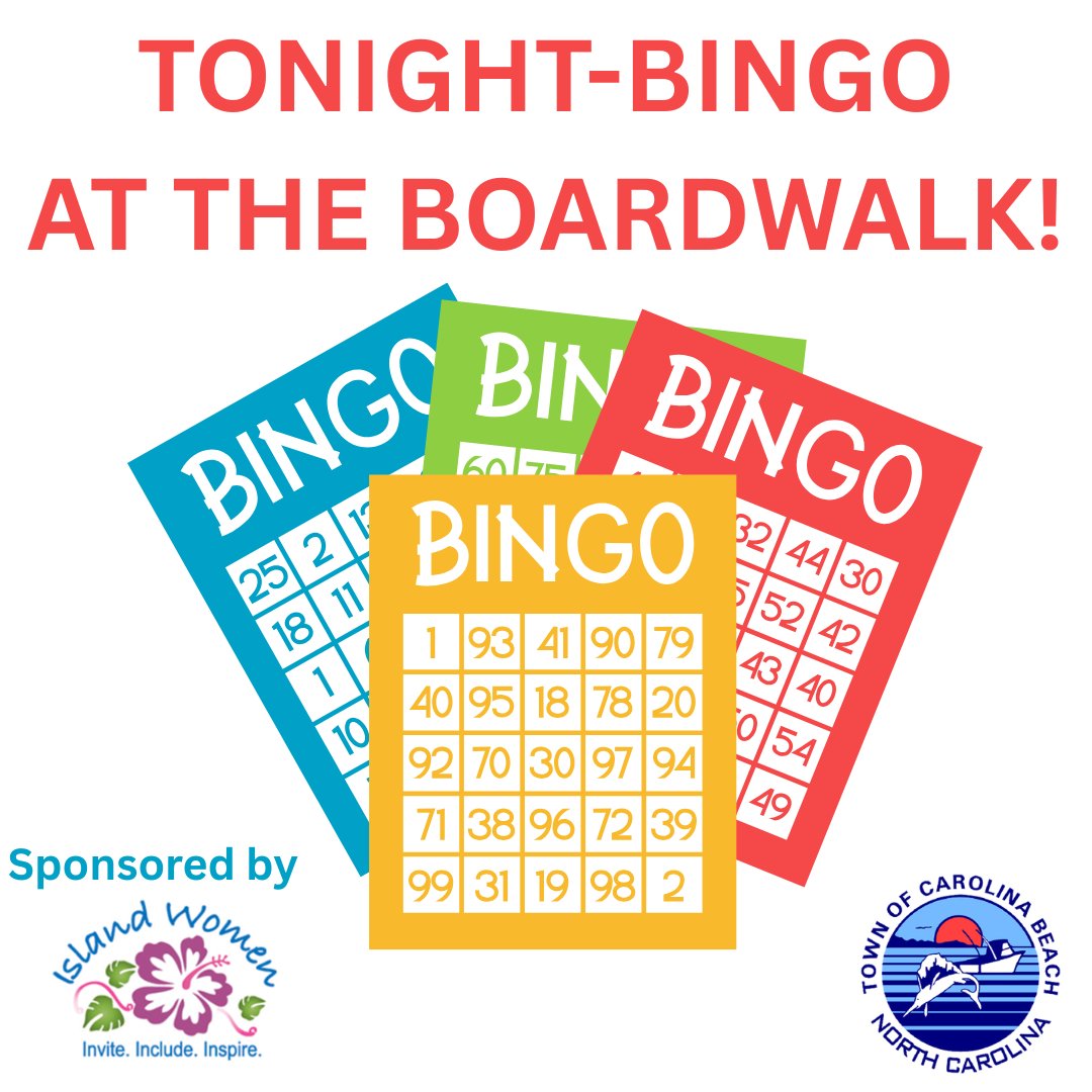 CBTownHall's tweet photo. It’s Bingo Night! 🦩 Join Island Women at the Carolina Beach Boardwalk  tonight for an evening of fun, cash prizes, and community giving.

📍 Carolina Beach Boardwalk
⏰ Card sales begin at 6:30PM
🎉 First ball drops at 7:00PM
💵 $15 cash only includes 16 games and 16 chances to win cash prizes

Every game helps support a great cause in our community. We hope to see you tonight at the Boardwalk Gazebo!