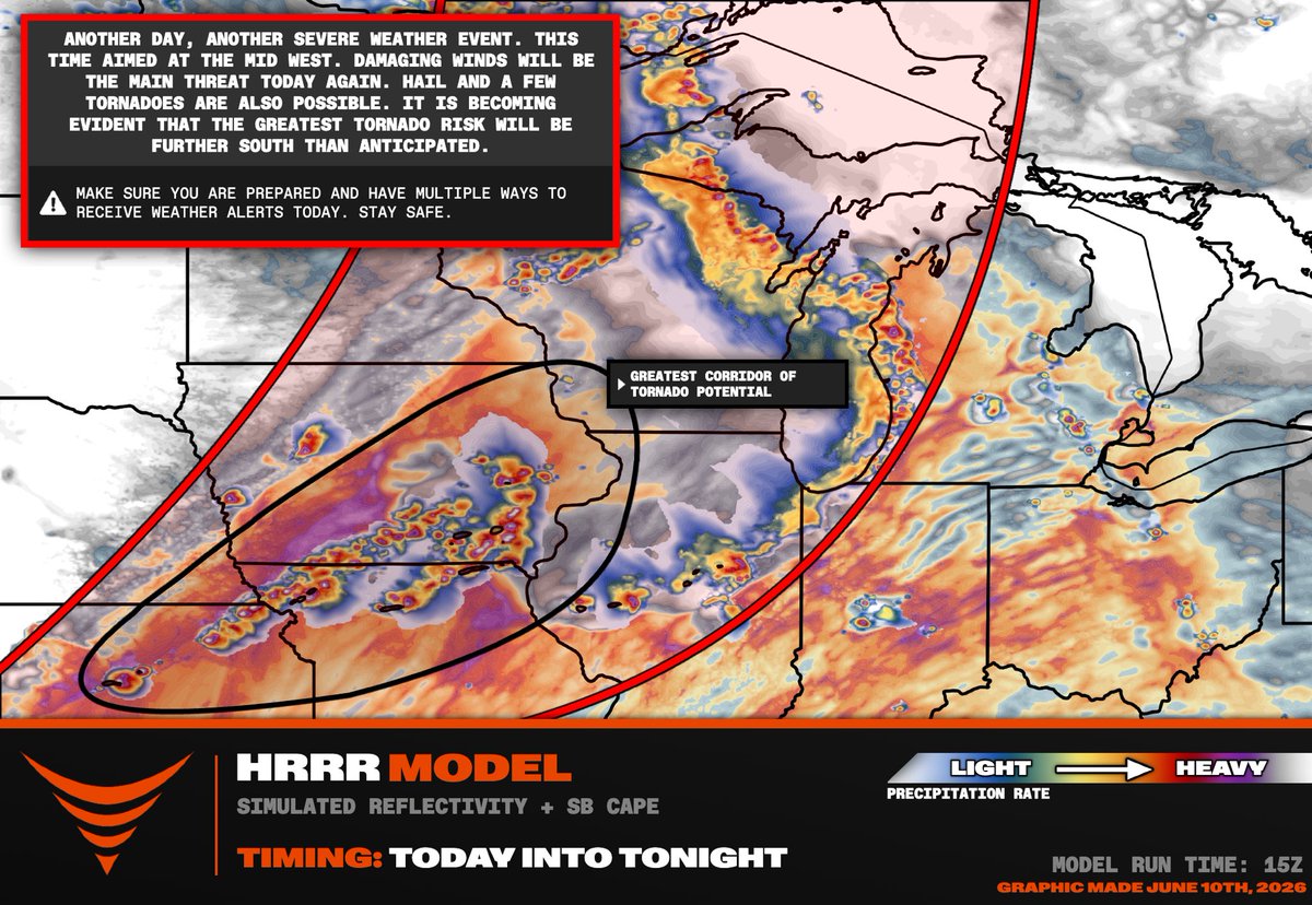 ReedTimmerUSA's tweet photo. TARGET AREA OF CONDITIONAL STRONG #TORNADO THREAT this evening id across central and eastern Iowa into northern Missouri

The significance of this event hinges on air mass recovery behind the current complex of storms in eastern Iowa.

We will be live from the #Dominator 3 by 4/5 pm