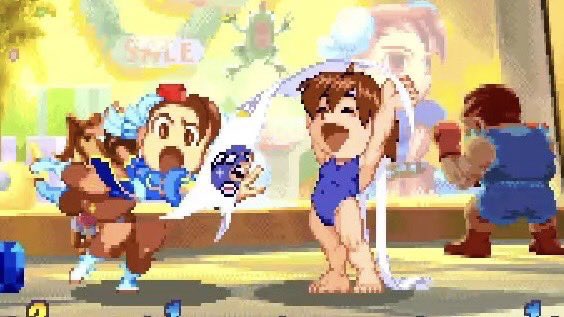 oz_shiron's tweet photo. 6月11日はPS版ポケットファイターの発売日でしたか。28年前

コスプレコンボ好きです！さくらさんの袴スタイルやスクール水着、バニー姿が可愛すぎる！3等身なのに筋肉がしっかり感じられる描き方が凄いですよね！ https://t.co/k5T4UCCPrO
