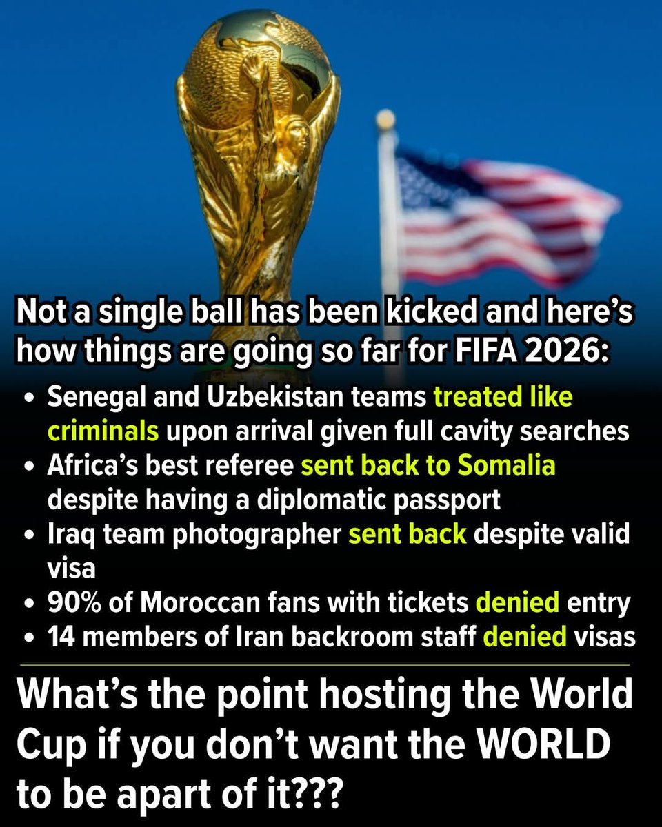 ViralReelAddict's tweet photo. There is nothing normal about what’s happening around this World Cup.

Referees, journalists, photographers, team officials, and supporters are securing visas, boarding flights, and arriving in the United States—only to be detained, interrogated, delayed, or sent home. Some have reportedly been turned away despite holding official accreditation connected to the tournament itself.

This goes far beyond routine border checks. It sends a message to the world that certain nationalities, passports, and backgrounds are viewed with suspicion before they even step off the plane.

A World Cup is supposed to bring nations together. Instead, stories of detentions, invasive searches, and travel restrictions are dominating headlines. When invited guests are treated like potential criminals, the focus shifts away from sport and toward exclusion.

Defenders will point to security concerns or compare the situation to past tournaments elsewhere. But the issue isn't whether security exists—it's whether it is being applied in a way that undermines the spirit of a global event. The World Cup belongs to the world, not just the host nation.

If players, officials, media members, and fans cannot travel with confidence and dignity, then something has gone seriously wrong. A tournament that should symbolize international unity risks becoming a showcase for fear, suspicion, and division instead.

The United States often presents itself as a global leader and a champion of freedom. Yet the images emerging from this tournament tell a different story: one of barriers instead of welcome, scrutiny instead of hospitality, and exclusion instead of celebration.

A World Cup should make the world feel invited. Right now, too many people feel like they're being told they don't belong.
