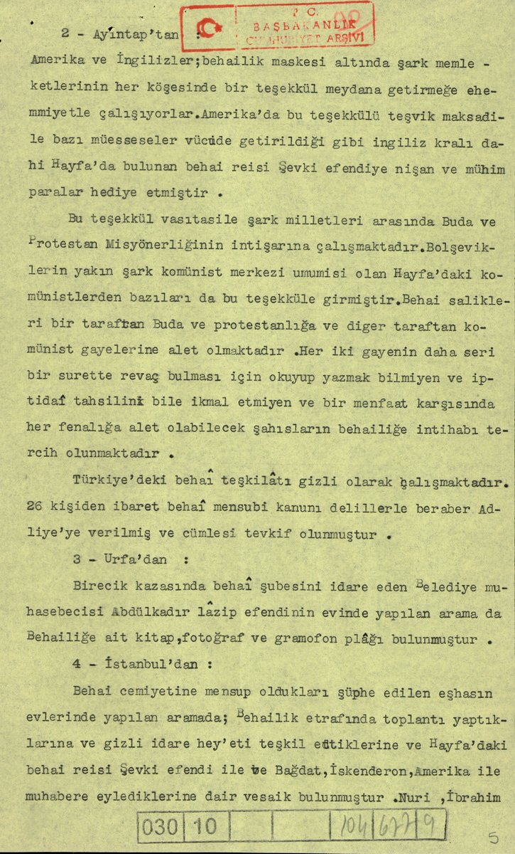 lordsinov's tweet photo. Gizliliği 2025 yılında kaldırılan 1935 tarihli istihbarat raporu...

Amerikan ve İngiliz uzantılı Bahai Tarikatı'nın pek çok şehirde örgütlendiği ortaya çıkarılmış... Merkezi Hayfa'da... Misyonerlerle bağlantılı... Liderleri İngiliz nişanına sahip... 

Hep aynı ihanet. https://t.co/1UgE8Xz2ur