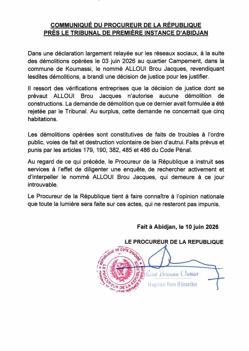 Cotedivoireoff_'s tweet photo. Affaire démolition de Koumassi Campement 

Après  vérifications, il ressort selon les services du ministère de la Justice que monsieur Alloui ne dispose d’aucune autorisation de démolition de constructions. 

Monsieur Alloui est activement recherché par les services du Procureur! https://t.co/KeUsOPU2rb