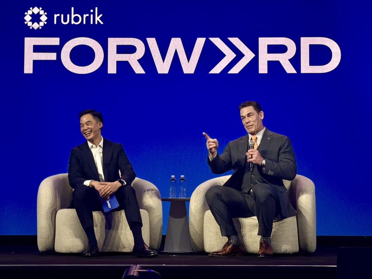 rubrikInc's tweet photo. John Cena is now joined by Rubrik CMO John Koo to discuss the people that he relies on for success, being ready for the unexpected, and the importance of teamwork.

Join our Day 2 keynote at #RubrikFORWARD 👉 https://t.co/l5ZIprtpK2 https://t.co/vRcFUW6p0I