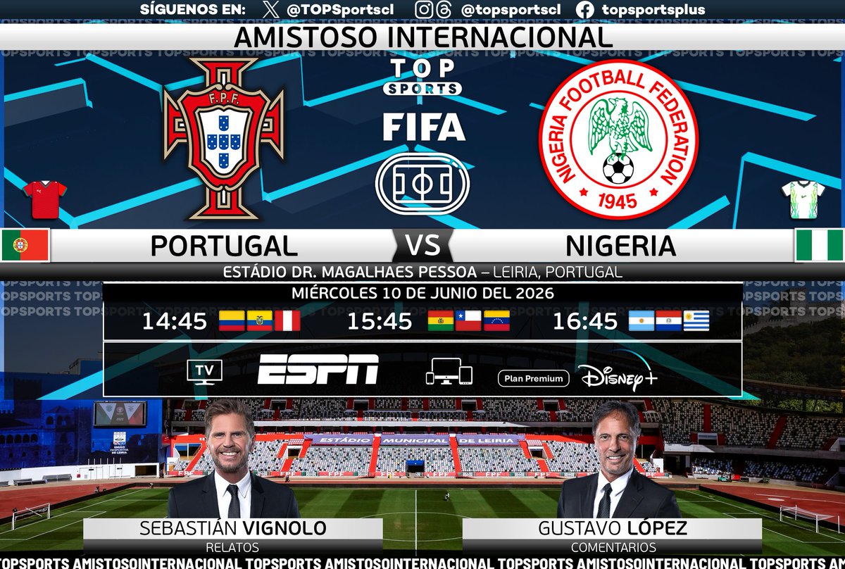 TOPSportscl's tweet photo. #AmistosoInternacional ⚽️
🇵🇹 #Portugal - #Nigeria 🇳🇬
🎙️ Relatos: @PolloVignolo
🎙️ Comentarios: @gustavohlopez
#⃣ #FÚTBOLxESPN #DisneyPlus - #FechaFIFA
🖥️ ESPN Sudamérica
📱💻 @disneyplusla (Plan premium)
🔃❤️ https://t.co/VYQc7p7cdP