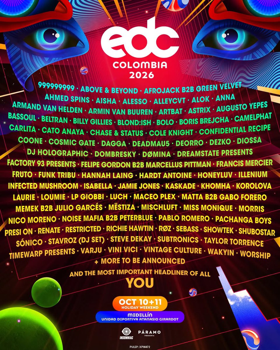 weareedm__'s tweet photo. El lineup de @edc_colombia está aquí 🚨

A&amp;B, Armin van Buuren, Deadmau5, Funk Tribu, ILLENIUM, Kaskade, Subtronics y muchos más… 🇨🇴

📆 10-11 de octubre, 2026
📍 Medellín, Colombia
🎟️ https://t.co/SisQijQyCZ https://t.co/NOn6xebngu