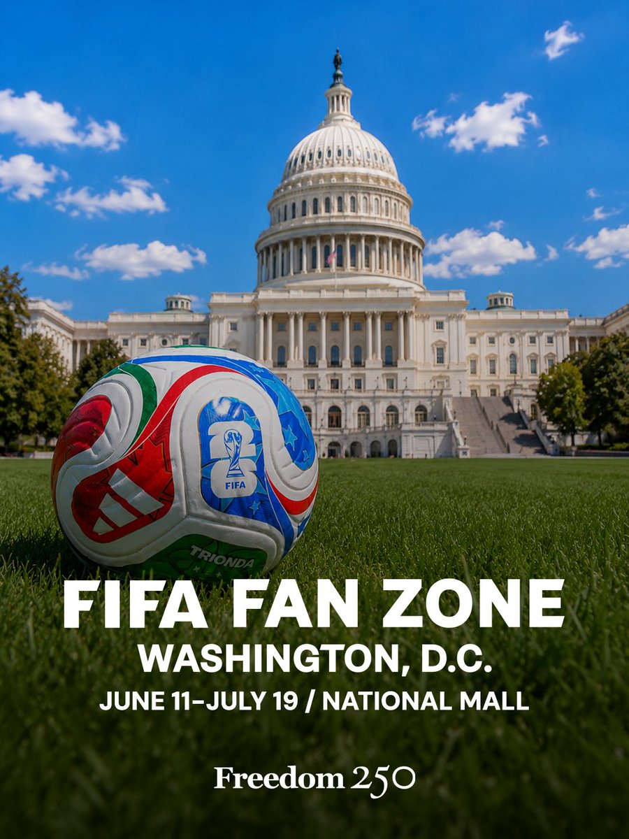 Freedom250's tweet photo. FREE TICKETS: Watch the World Cup right in front of the Capitol building. Freedom 250 is launching the FIFA World Cup 2026™ Fan Zone on the National Mall in Washington, DC.

Free entry. Live matches. Music, food, and fun for all ages — all in the heart of the nation’s capital.

🗓 June 11–July 19, 2026
📍 National Mall, between 3rd and 4th St