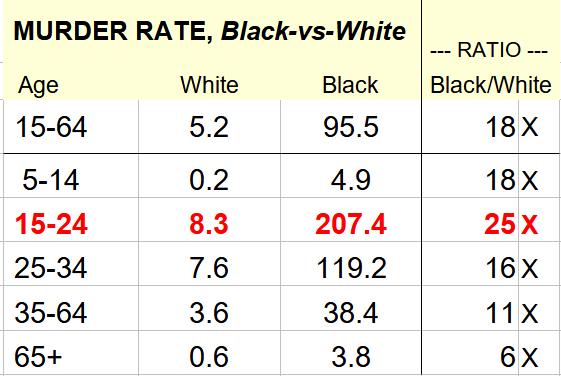 NonlinearSum's tweet photo. The Black-vs-White murder-rate differential for American men peaks within the volatile 15-24 Age group at 25X.
@FamedCelebrity