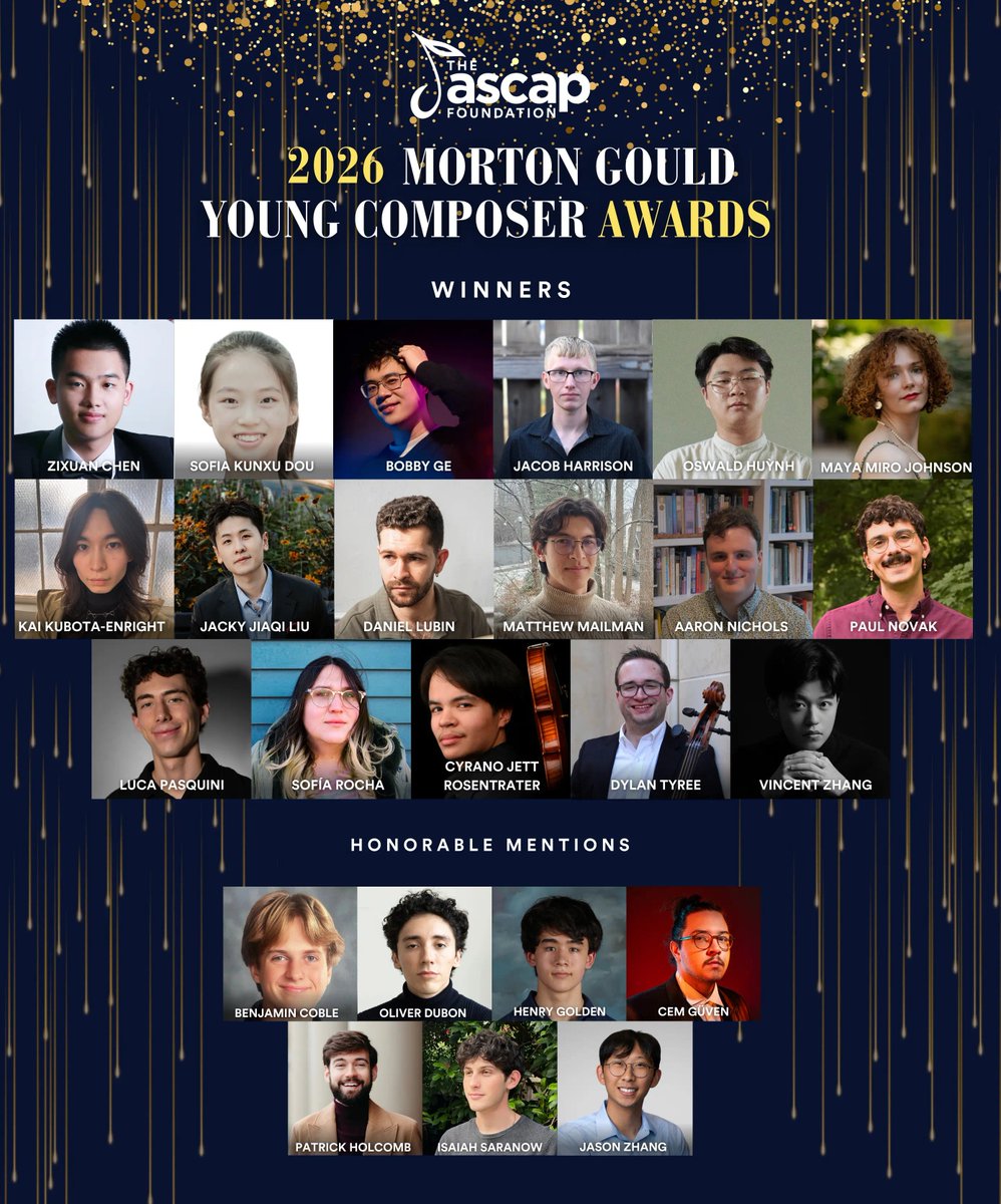 ASCAPFoundation's tweet photo. Congratulations to the winners of the 2026 Morton Gould Young Composer Awards! 📷📷 Read the press release: https://t.co/2oQKRlqTcq https://t.co/NUdZL0wuz2