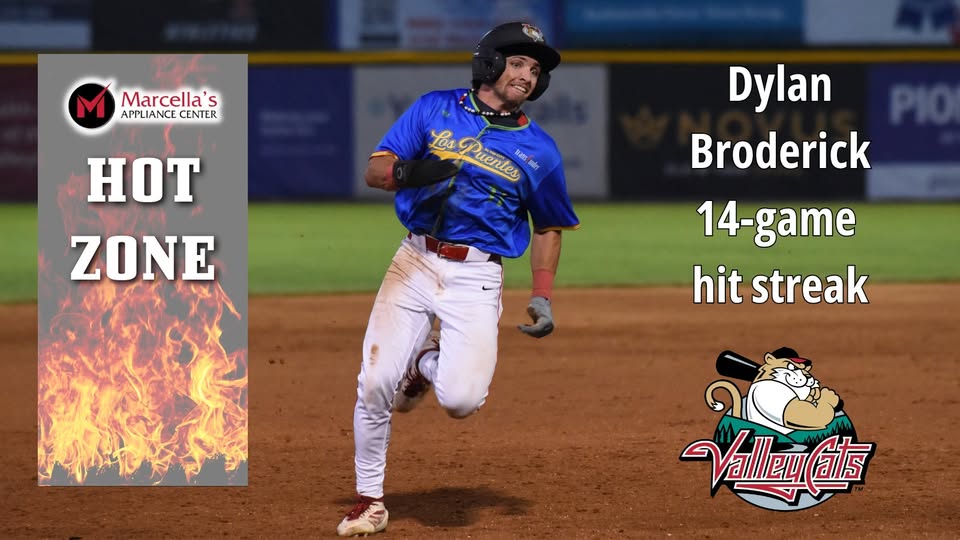 MarcellasApplia's tweet photo. Back-to-Back‼️Dylan Broderick is once again your Marcella's HOT ZONE player of the week!🙌 The hit streak is still going will DB make it 3 in a row? 🔥🔥 Go @ValleyCats😸 #hotzone https://t.co/BtRH8XUkMx
