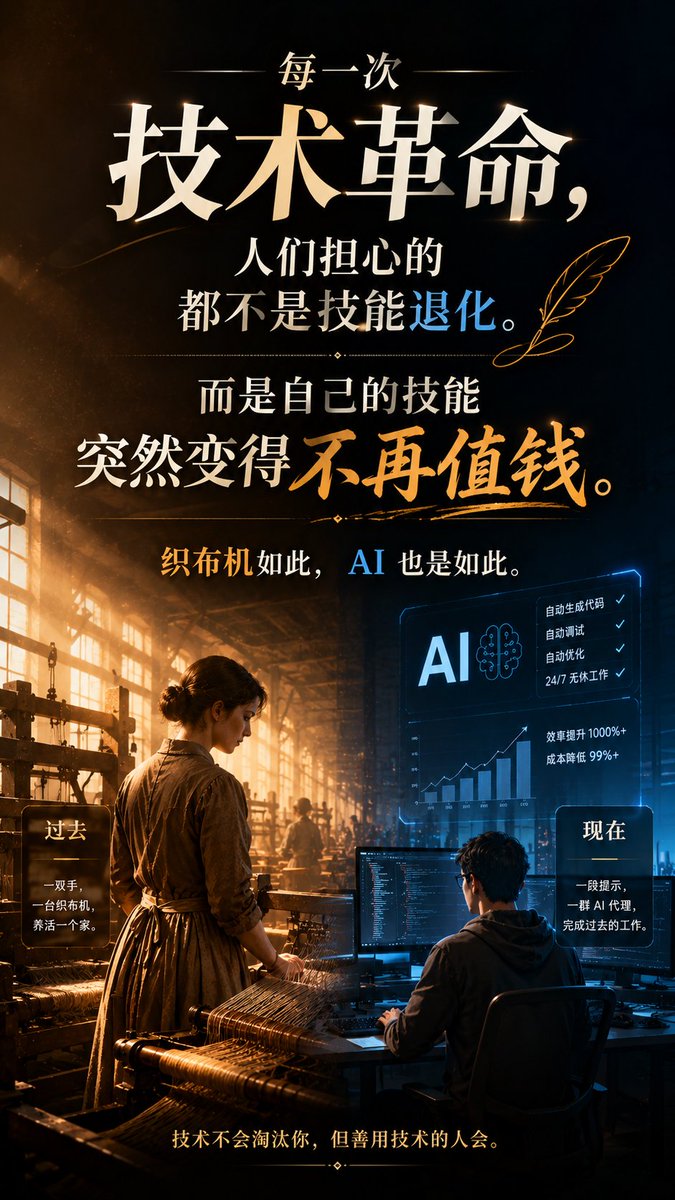 fu_hao88603's tweet photo. 每一次技术革命，人们担心的都不是技能退化。
 而是自己的技能突然变得不再值钱。
 织布机如此，AI 也是如此。 https://t.co/fKwRPj8mS8