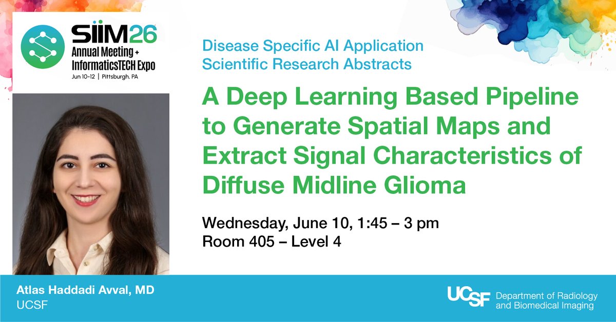 UCSFimaging's tweet photo. At #SIIM26, Dr. Atlas Haddadi Avval will present her #DeepLearning pipeline for generating spatial maps &amp; extracting signal characteristics that could change how we understand Diffuse Midline Glioma. #SIIMAnnualMeeting @SIIM_Tweets https://t.co/r1HKZst9Gu