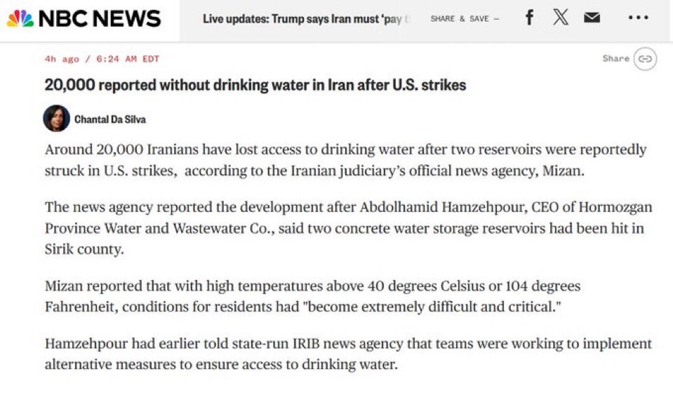 EthanLevins2's tweet photo. The U.S. bombed water reservoirs last night. 

20,000 people are without drinking water in the scorching Iranian summer. 

This is an act of TERRORISM! https://t.co/lrea6oCx59