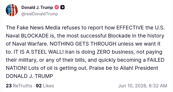 RedWaveQ's tweet photo. 🚨President Trump just DROPPED TRUTH on Truth Social:

"The fake news media is LYING about our STEEL WALL naval blockade of Iran. ZERO business, can't pay their military or bills — they're quickly becoming a FAILED NATION! Praise be to Allah! "

MAGA is COOKING 🔥

Who else is loving this? 

#TRUMPTIME #Iran   #IranWar‌