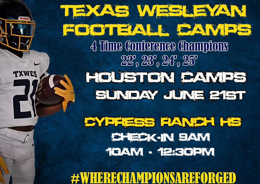 TxWesFootball's tweet photo. Our Staff is excited to get out to West Texas, San Antonio, and Houston next week‼️

June 18th - Abilene Christian School
June 19th Reagan HS
June 20th Ridge Point HS and CE King HS
June 21st Cypress Ranch HS

Come EARN a Scholarship!! 
Register today @ https://t.co/WGPTjWHfRB https://t.co/9n7iUtWraL