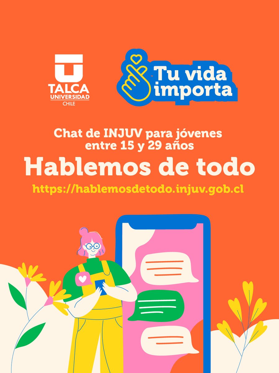 UTalca's tweet photo. No estas sol@🤝 Tu vida importa 🫰

Chat de INJUV para jóvenes entre 15 y 29 años "Hablemos de Todo".

💻https://t.co/aNQ6IHHd89 https://t.co/RPeOkMGm5V