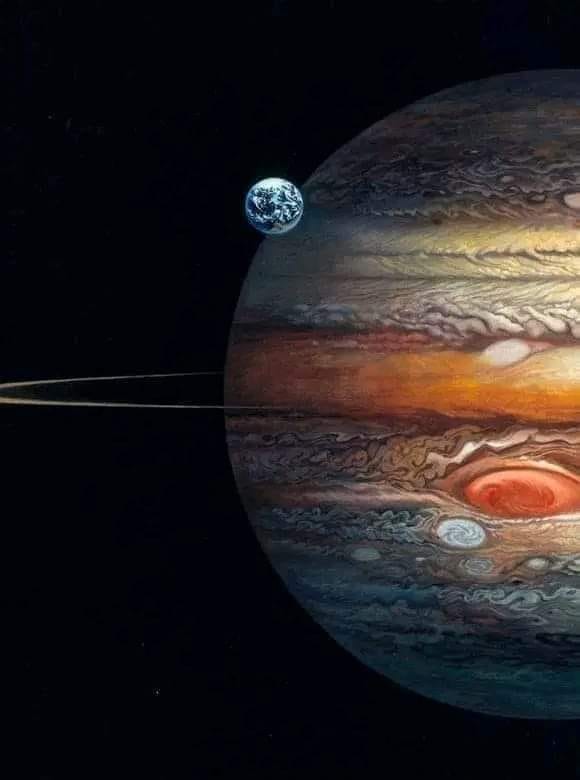 astrooalert's tweet photo. Size of Jupiter compared to Earth. https://t.co/afZtQiCvT1