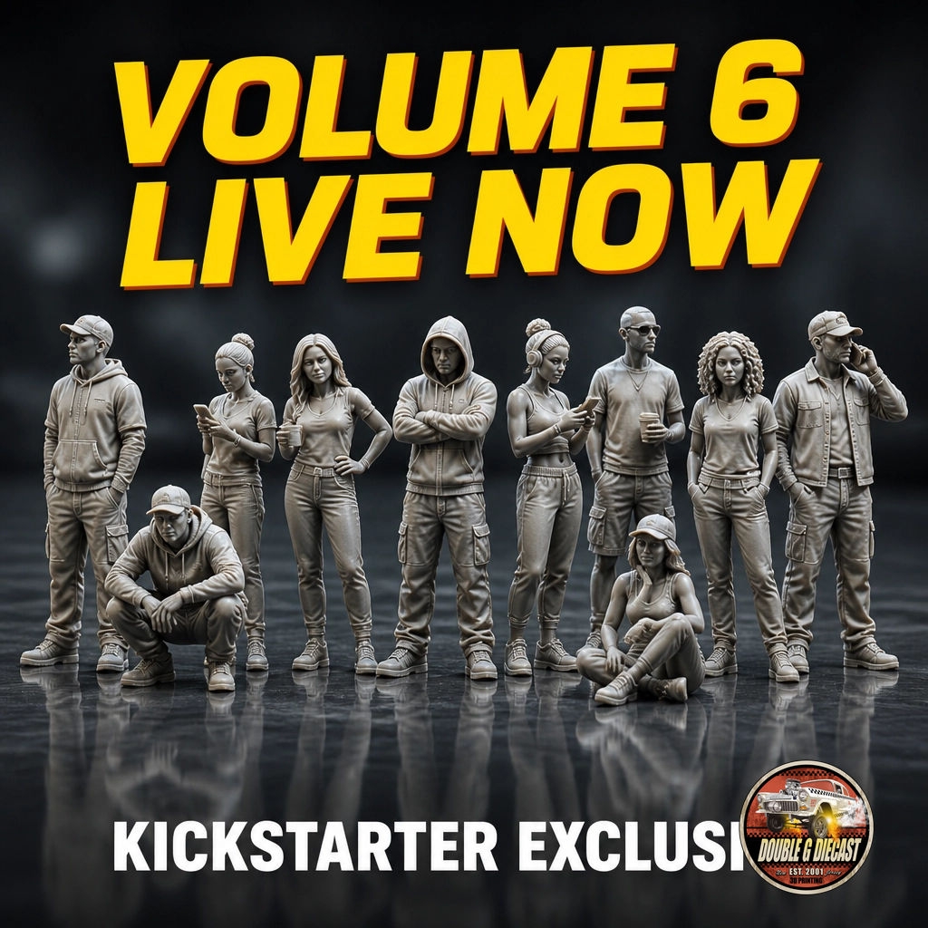 DoubleG3DPrint's tweet photo. KICKSTARTER VOLUME 6 IS LIVE!!! 🚀 Snag your early bird rewards NOW before they vanish! 💨 300+ hyper-detailed everyday people miniatures across multiple scales: perfect for bringing your dioramas to life! Tap the link in our bio to back us! 🔗 #doublegdiecast https://t.co/my5s5GuWWM