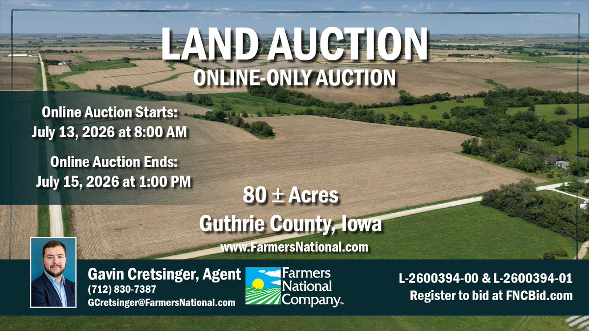 FarmersNational's tweet photo. #Land Auction!
Online only auction.
80 acres in Guthrie County, #Iowa.

Beautiful mix of #pasture and #rowcrop acres! Offered in THREE tracts. Includes #farmhouse with classic country setting.

🔗https://t.co/JU3fG0zZDG https://t.co/ouC83ZJoVO