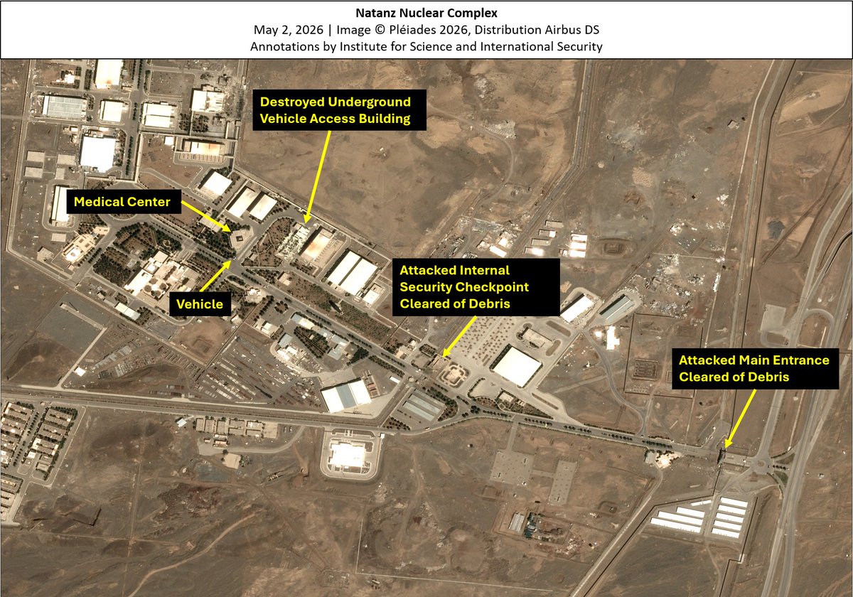 TheGoodISIS's tweet photo. NEW: Comprehensive Imagery Report on Nuclear Enrichment Related Sites, Post-April Ceasefire

Following the ceasefire between Iran, the United States and Israel established in early April 2026, we have continued to monitor key sites related to Iran’s nuclear program.  In this report, we take a close look at key sites related to uranium enrichment, which include Esfahan, Fordow, and Natanz, the two separate mountain tunnel facilities south of the Natanz site, as well as centrifuge production sites. Several of these sites have shown signs of activity.  While the activity visible in imagery is not conclusive, collectively, they indicate the following:

- There is no evidence of any uranium enrichment, and the centrifuge program remains destroyed.  Nonetheless, the need remains to verifiably dismantle or further disable Iran’s remaining enrichment facilities, close Pickaxe mountain and other underground sites, and remove or downblend the ten tonnes of enriched uranium, including about 440 kilograms of 60 percent enriched uranium.

- Iran has not given up on its enrichment program altogether; 
- The underground Natanz Fuel Enrichment Plant (FEP) is believed to hold enriched uranium, and may hold intact centrifuges, components, and equipment, but is currently inaccessible due to March 2026 strikes on the entrances.
-Stocks of enriched uranium, including the 60 percent highly enriched uranium, appear to remain bottled up in underground facilities at Esfahan, Natanz, and Fordow.  All tunnel entrances at Esfahan, Fordow, and Natanz that were sealed prior to March 2026 remain sealed.  The latter tunnel was built in 2007 and was sealed early in the months following the June strikes, raising concern about its current content.
-The large tunnel complex known as Pickaxe mountain remains largely accessible and open and under ongoing construction; it is not assessed to hold facilities ready to operate.  It is not believed to hold enriched uranium stocks.
-Above-ground centrifuge production sites remain destroyed with no evidence of reconstruction.
-Other enrichment-related assets may be more accessible; the limited damage inflicted on the Fordow support site appears disproportionate to its importance and current activity around the support site seems high. The status remains unclear of a planned enrichment building at the site estimated to hold two cascades, albeit one planned to separate mainly iridium or tellurium.  But if iridium hexafluoride and tellurium hexafluoride have not yet been introduced into the centrifuge cascades, the cascades could be used for uranium enrichment.

- Given Iran’s ongoing refusal to provide required information on its enriched uranium stocks or allow the International Atomic Energy Agency (IAEA) access to enrichment related sites, including the location of enriched uranium, centrifuge inventory, and related equipment, the IAEA relies heavily on satellite imagery.  However, with respect to Iran, unlike with North Korea, the IAEA rarely reports on its assessments from imagery, as evidenced in the short NPT safeguards and JCPOA Verification reports presented to the Board this week. Our recommendation is that the Board of Governors instruct the IAEA to report more information to its member states regarding Iranian activities observed at nuclear sites, especially with regard to the recovery of equipment and enriched uranium from the destroyed sites, the possible current locations of enriched uranium or diversion of that material, and the status of nuclear weaponization sites and other key assets.  Here, it should be remembered that the benchmark set for Iran by current UN Security Council sanctions resolutions is a suspension of all enrichment activities, including research and development.

It is important to remember that an enrichment capability requires significantly more than the existence of UF6 and centrifuges or centrifuge parts.  Thus, the existence of the enriched uranium or centrifuge-related items should not be confused with Iran’s ability to enrich uranium, a capability not now existing in Iran.  Another common misinterpretation is to confuse the HEU stock with building nuclear weapons, a process that has been significantly lengthened by the damage wrought by the two wars.  Removing or downblending the HEU may be necessary for a nuclear deal, but the HEU’s presence in Iran does not mean that Iran is enriching uranium or building nuclear weapons.  This HEU was there before the June war, coupled with a nuclear weapons program that could produce a weapon in months.  Today, that timeline is at least a year.  Moreover, moving technically to build that weapon is now fraught with risks and potential technical hurdles that could result in failure.

Read the full analysis here: https://t.co/1oer7whmPu