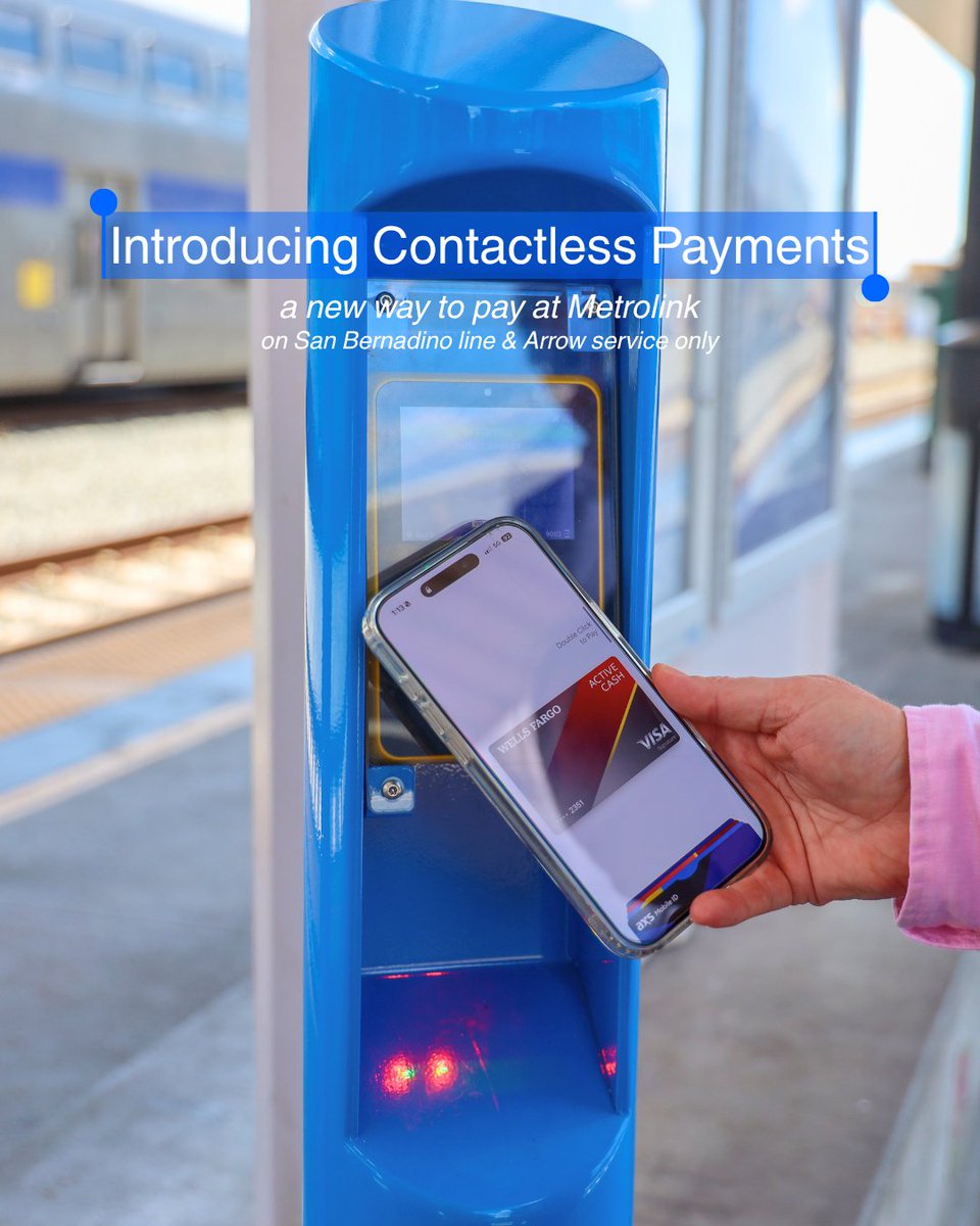 Metrolink's tweet photo. Metrolink’s new Contactless Payments is here on the San Bernardino Line &amp; Arrow service! This additional payment option allows riders to tap in before boarding and tap out at their destination using a contactless card or mobile wallet. More information: https://t.co/9XeyM6fHVQ https://t.co/FAaZMv0Q1I