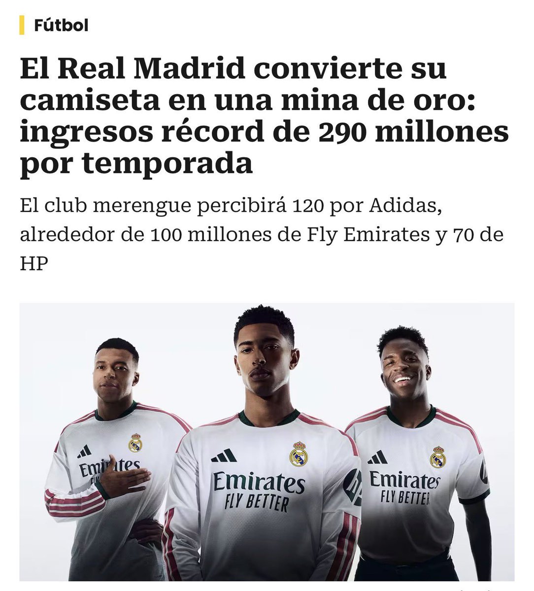 el_culerRM's tweet photo. 🤑 ¡UNA AUTÉNTICA LOCURA! El Real Madrid ingresará 290M€ por temporada solo con su camiseta y sponsors principales. Mientras otros hacen malabares financieros, Florentino destroza récords de ingresos. 👑💸 #RealMadrid #HalaMadrid https://t.co/jJoBNXretm