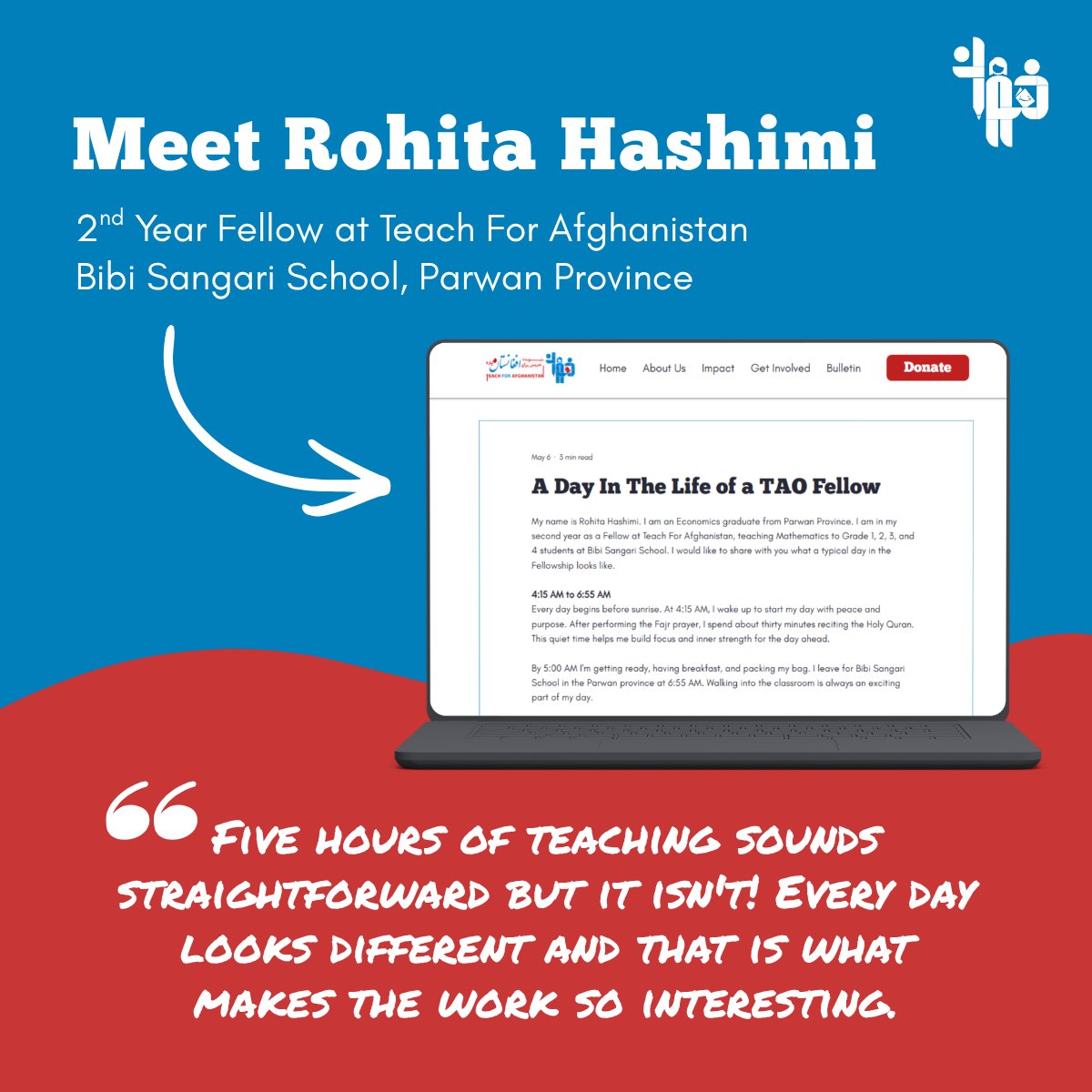 Teach4AFG's tweet photo. Wondering what a day in the life of a TAO Fellow looks like?
Year 2 Fellow Rohita Hashimi from Parwan shares her experience of showing up every day for her students and community.

Read her story: https://t.co/OBo53u1sSH
Support our Anniversary Appeal: https://t.co/6EfzIbQmrl https://t.co/IGGI5zeySq