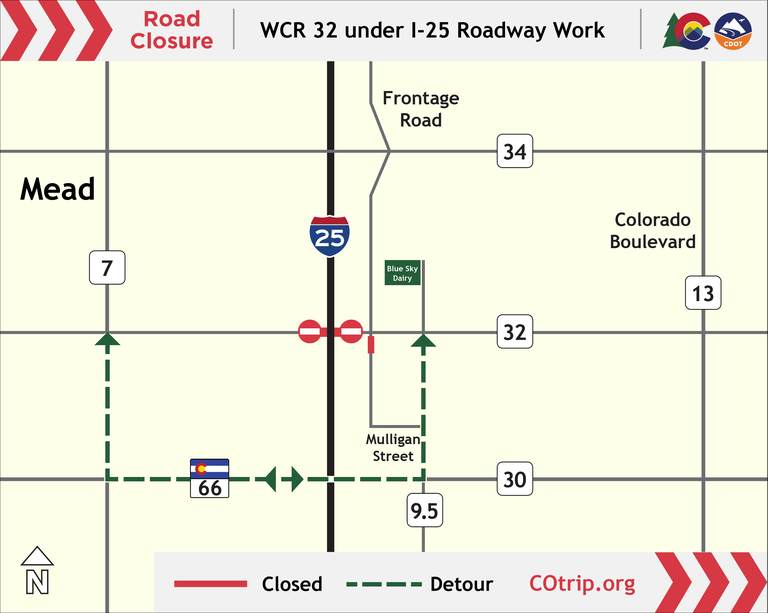 ColoradoDOT's tweet photo. #CDOT #News: Temporary full closures of #WCR32 under #I25 and I-25 East Frontage Road go through July 8. Closures required for roadway reconstruction near Mead for I-25 North Express Lanes project, Mead to Berthoud.
📰https://t.co/AnJJ7Y1SwH
#KnowBeforeYouGo #SlowfortheConeZone https://t.co/zmdtAyc7lM