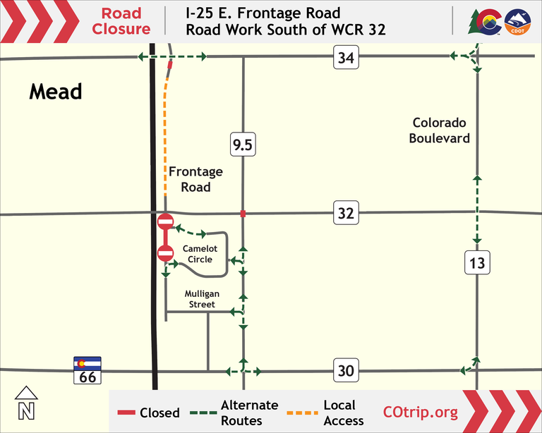 ColoradoDOT's tweet photo. #CDOT #News: Temporary full closures of #WCR32 under #I25 and I-25 East Frontage Road go through July 8. Closures required for roadway reconstruction near Mead for I-25 North Express Lanes project, Mead to Berthoud.
📰https://t.co/AnJJ7Y1SwH
#KnowBeforeYouGo #SlowfortheConeZone https://t.co/zmdtAyc7lM
