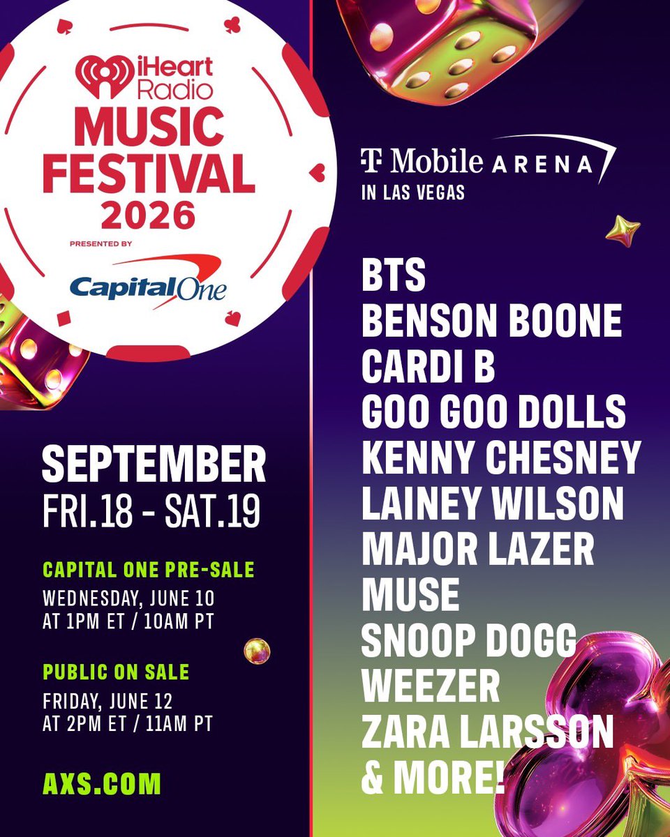 1027KIISFM's tweet photo. 🗣️ @capitalone cardholders your time to get #iHeartFestival tickets is now!!! 😍✨ Catch performances from @zaralarsson, @bts_bighit, @bensonboone &amp; MORE!!! 🙌🎰 Tickets available at https://t.co/WXf4FqzXeQ ❤️‍🔥 See you in Vegas this September! https://t.co/q2eCnrskwc