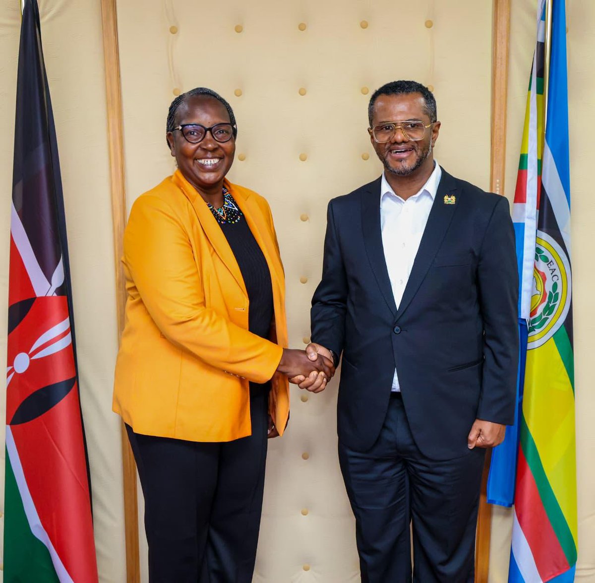 UDAKenya's tweet photo. United Democratic Alliance (UDA) Secretary General, Sen. Hassan Omar Hassan, paid a courtesy call on the Principal Secretary for Trade, Ms. Regina Akoth Ombam, at her office at Teleposta Towers, Nairobi.

The two leaders held an insightful discussion on the political economy, focusing on productive capacity and value creation, equitable wealth distribution, trade and market integration, state-market relations, and the interplay between economic governance and socio-political development.

Sen. Hassan Omar commended the Principal Secretary for her steadfast commitment to implementation of the UDA Manifesto, particularly through policies and programmes aimed at enhancing trade competitiveness, expanding economic opportunities, and fostering inclusive growth.