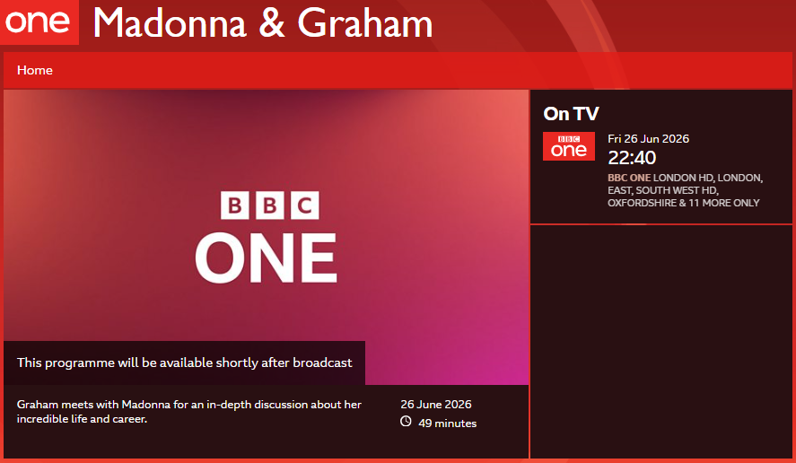 MadonnaRecords's tweet photo. Graham Norton .@Madonna  special on BBC1  June26, 2026.

Grahammeets with Madonna for an in-depth discussion about her incredible life and career.
Link: https://t.co/eQpbZgKEFi