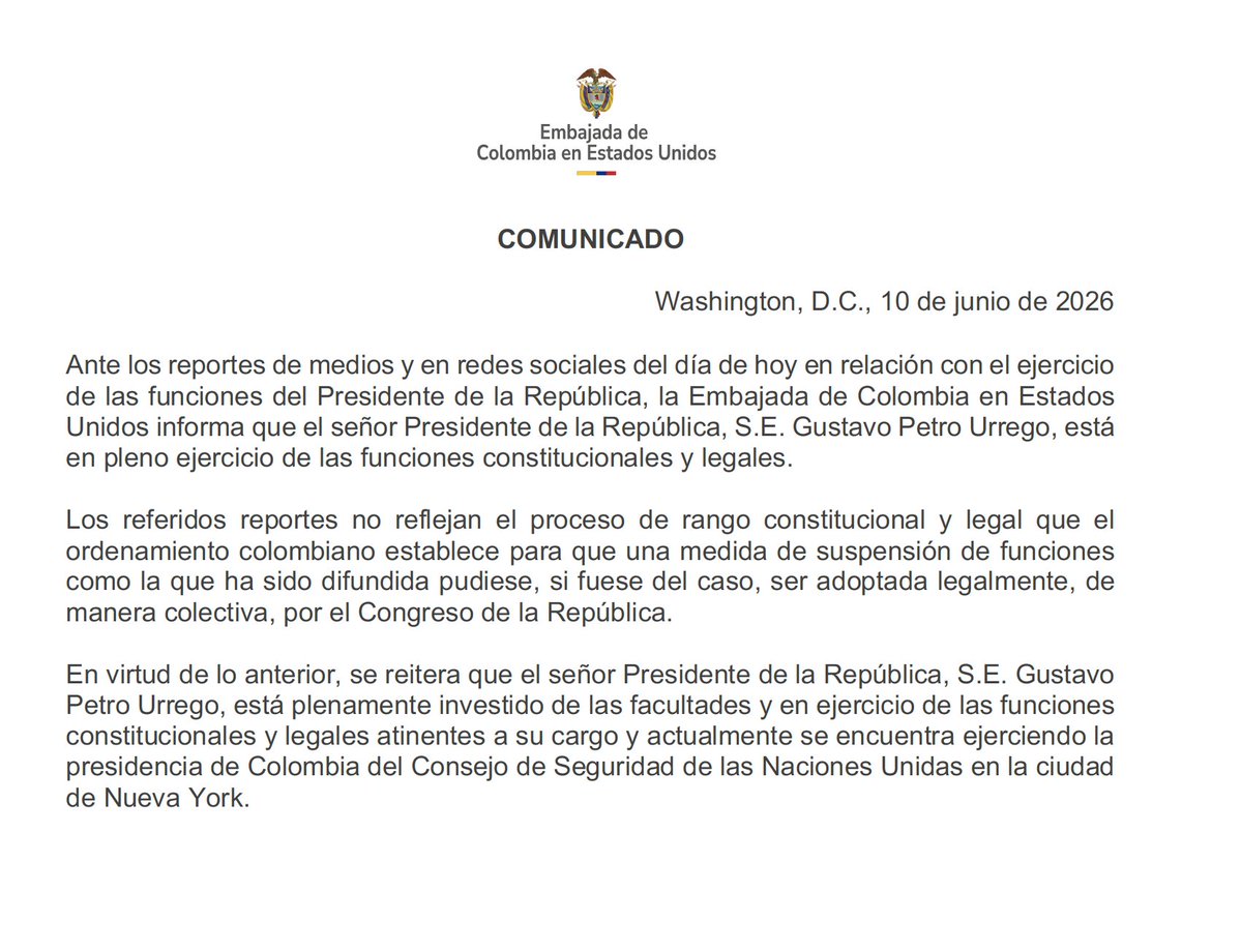 ColombiaEmbUSA's tweet photo. Comunicado, 10 de junio de 2026. https://t.co/fgiP7k7LtO