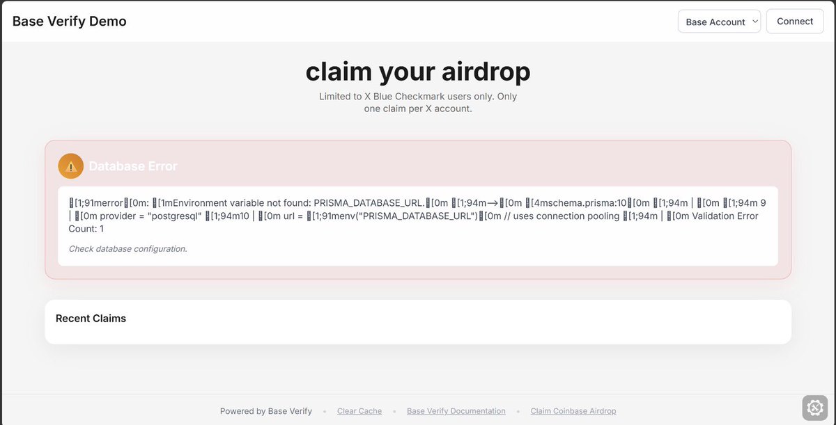 askoeyyy's tweet photo. Brooo... a "Claim Your Airdrop" page for Base just leaked 👀😱
It's still a demo, but the page is already up.
Right now it's showing a Database Error (Prisma_DATABASE_URL not found)
Base TGE might be coming soon?
What do you guys think? @base
#Base #BaseAirdrop #TGE https://t.co/JzMlfQJutC
