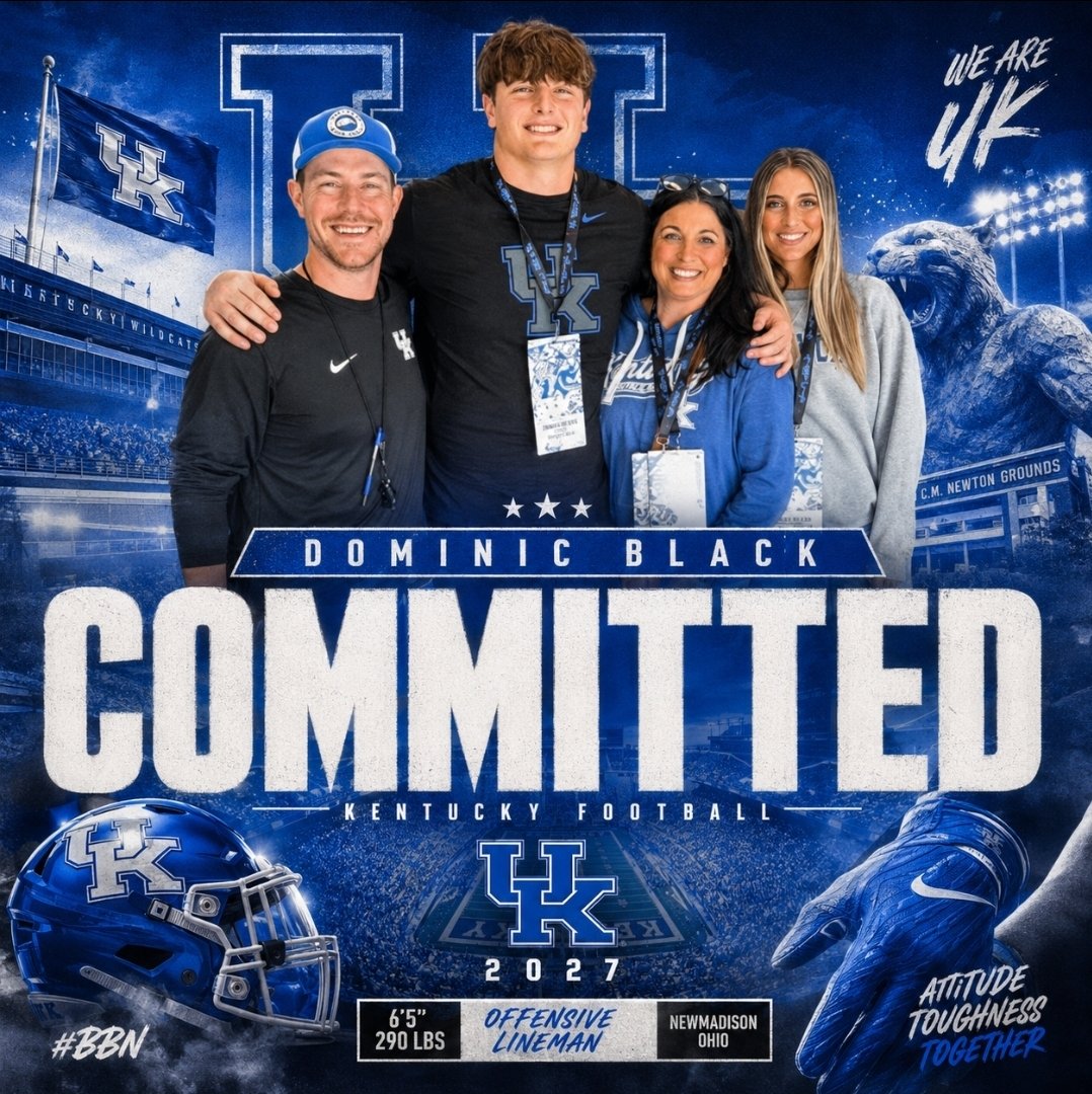 CBeasmoreSports's tweet photo. BOOM! 😼🏈 

Kentucky football lands another huge commitment in the 2027 class with 4-star OL Dominic Black choosing the Wildcats over Michigan State, Tennessee, Indiana, and Virginia Tech. 🔥

The 6-foot-5, 290-pound Ohio native is ranked No. 191 nationally, No. 19 OT, and No. 7 player in Ohio according to the 247Sports Composite.

With Black on board, Kentucky is now up to 20 commitments in the 2027 class, including six 4-star prospects. Will Stein, Cutter Leftwich, and the Wildcats continue building one of the nation's most impressive recruiting classes. #BBN