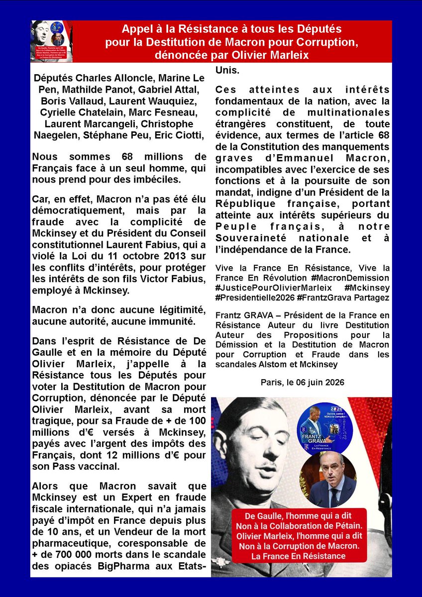 Grava_Frantz's tweet photo. Appel à la Résistance à tous les Députés pour la Destitution de Macron pour Corruption dénoncée par Olivier Marleix, Fraude avec Mckinsey, Election illégale avec Fabius #MarineLePen #CharlesAlloncle #OlivierMarleix #MathildePanot #FrantzGrava https://t.co/SMuZCqaIGx