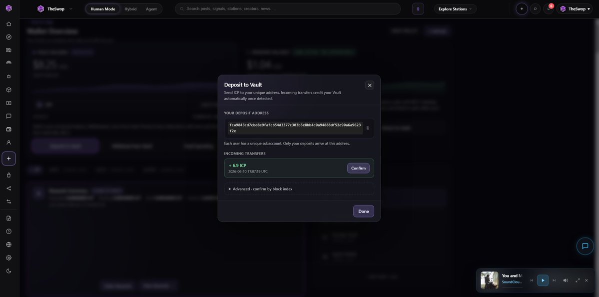 KyleStoflet's tweet photo. Deposited $ICP into your Vault on @The_Swop?

1️⃣ Return to the Deposit screen
2️⃣ Click Claim Deposit
3️⃣ Verify it appears in your Vault Balance
4️⃣ Move funds from Vault Balance → Spending Balance

Once that's done, you're ready to use the protocol. 🚀 https://t.co/MdOuVOsfRN
