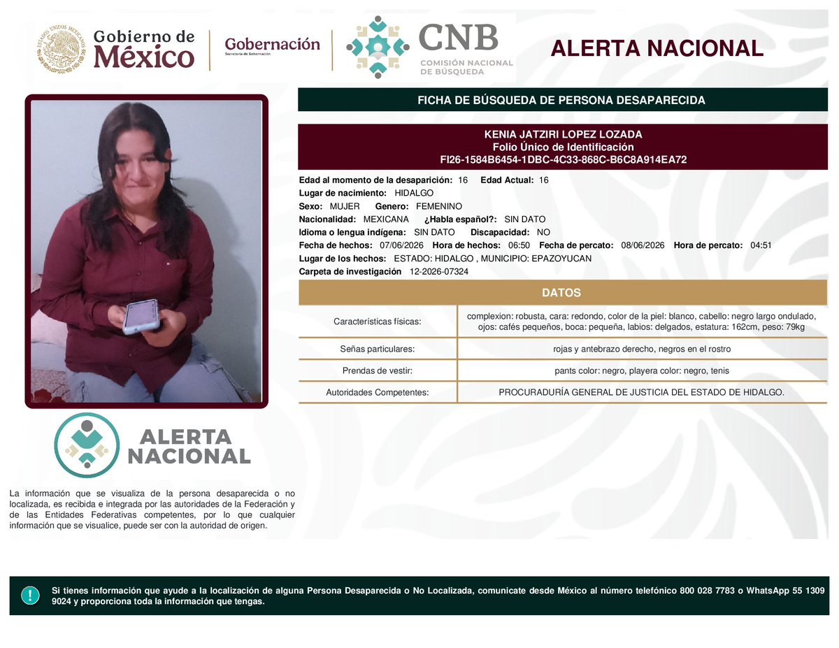 Busqueda_MX's tweet photo. ⚠️ #AlertaNacional de Búsqueda | #Nacional

Ayúdanos a difundir para ampliar la búsqueda que nos lleve a su localización:

Juan Armando Pérez Cuevas - Hidalgo
Victoria Lizbeth Posadas Silva - Ciudad de México
José Gutiérrez - Tamaulipas
Kenia Jatziri López Lozada - Hidalgo

La difusión es clave. Si cuentas con información, comunícate de inmediato:
📞 Desde México: 800 028 77 83
🌎 Desde el extranjero: +52 182 52 62 31 09
📱WhatsApp: 55 1309 9024
📍#Hidalgo #Cdmx #Tamaulipas #PersonasDesaparecidas #AlertaNacional #BúsquedaNacional #HastaEncontrarles